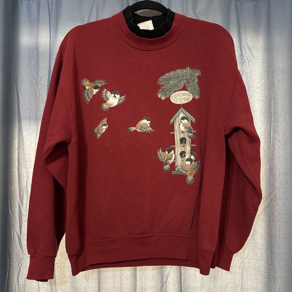 Vintage Whim Z Mock Neck Sweatshirt Sparrow Bird Print Every Birdie Welcome Med